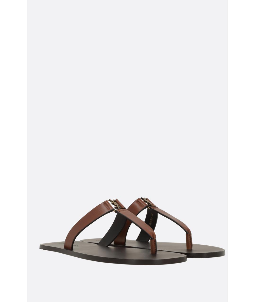 SAINT LAURENT Коричневые кожаные шлепанцы, фото 3
