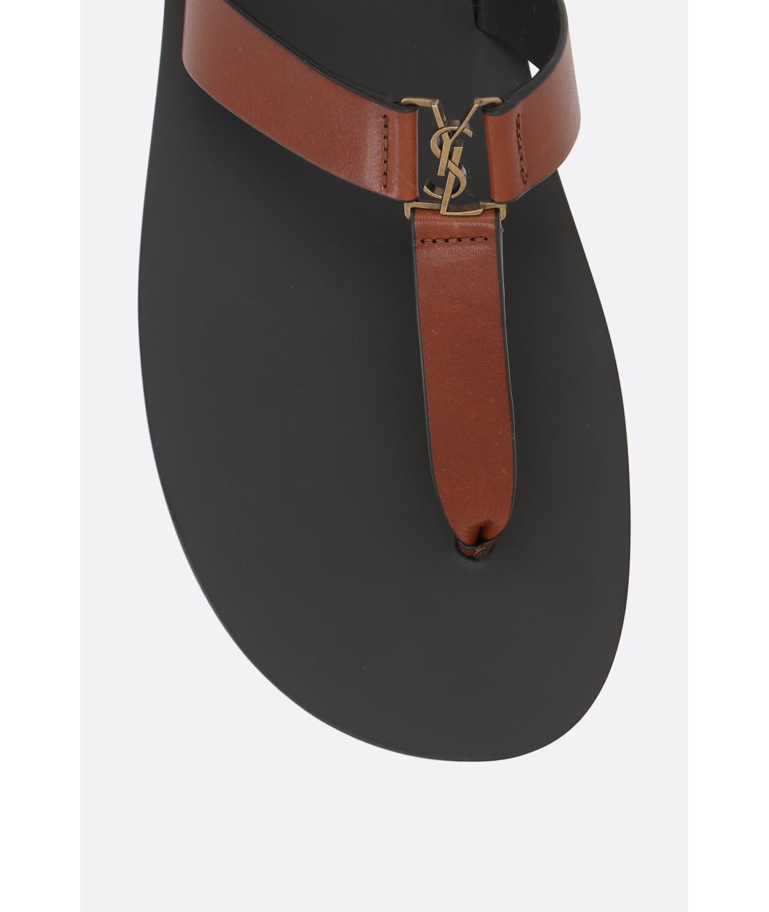 SAINT LAURENT Коричневые кожаные шлепанцы, фото 5