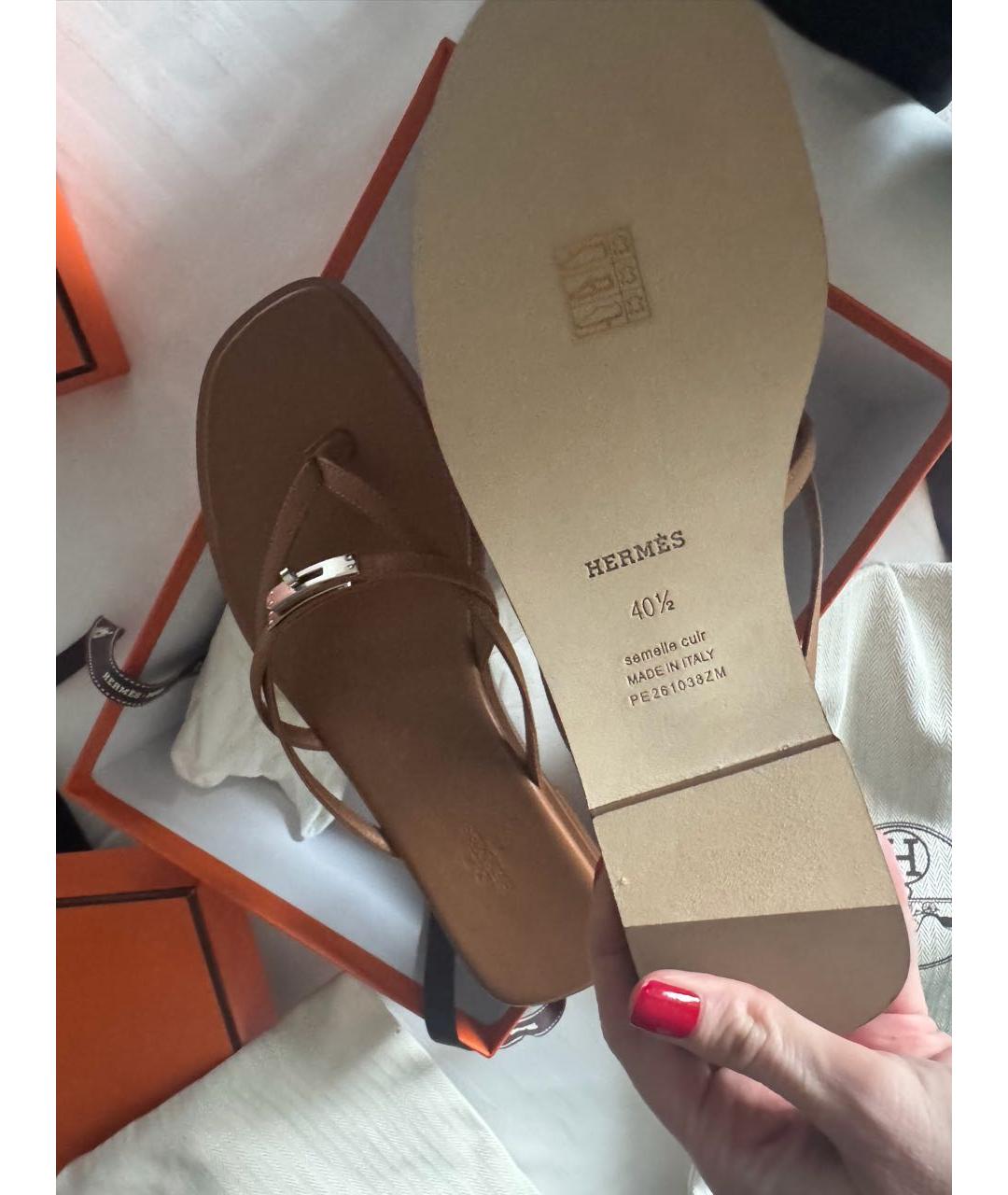 HERMES Коричневые кожаные шлепанцы, фото 3