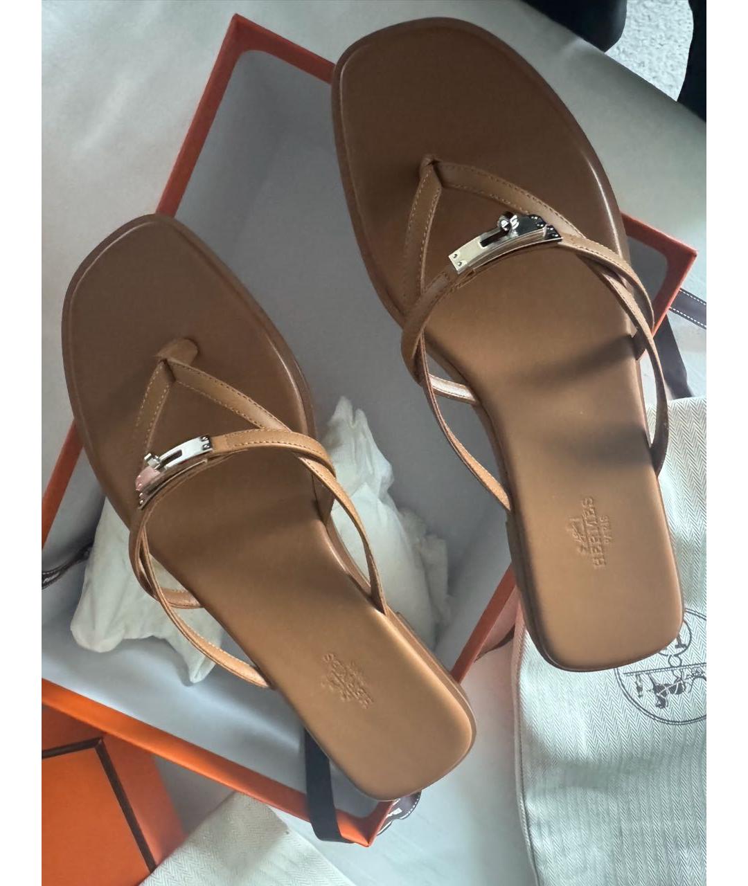 HERMES Коричневые кожаные шлепанцы, фото 2