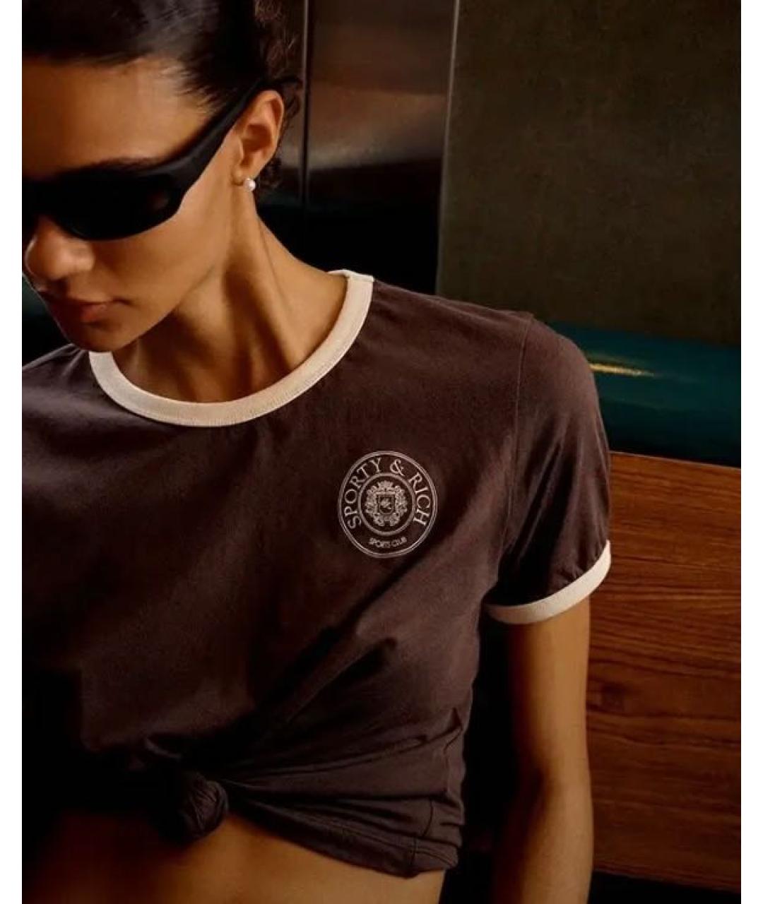 SPORTY AND RICH Коричневая хлопковая футболка, фото 7