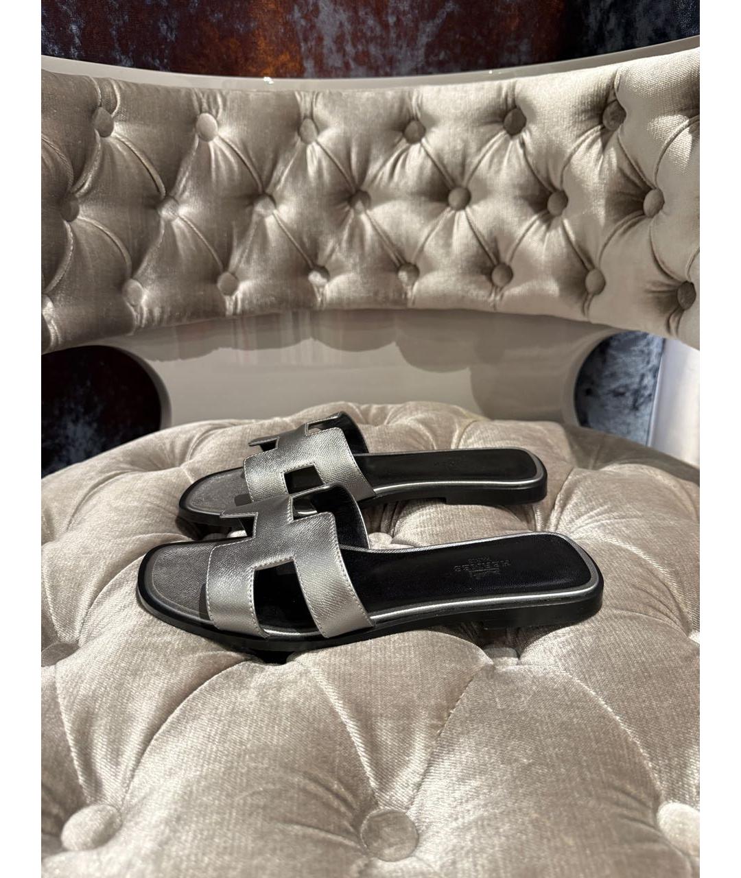 HERMES Серебряные кожаные шлепанцы, фото 3