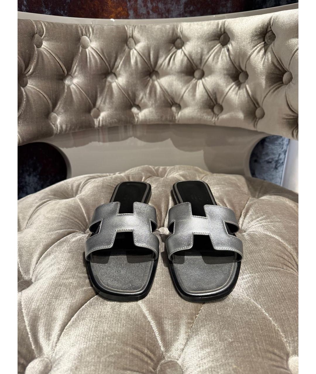 HERMES Серебряные кожаные шлепанцы, фото 4