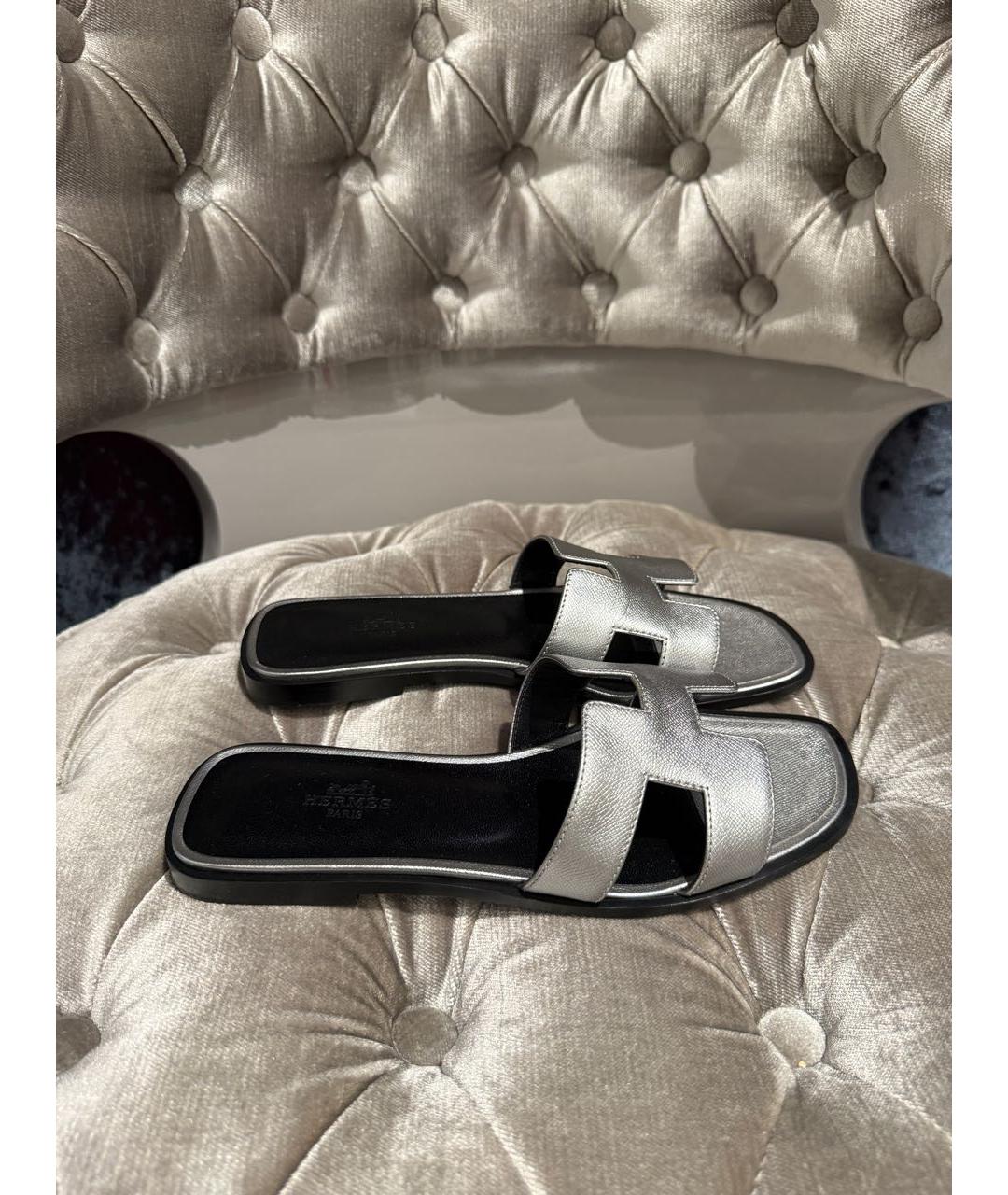 HERMES Серебряные кожаные шлепанцы, фото 6