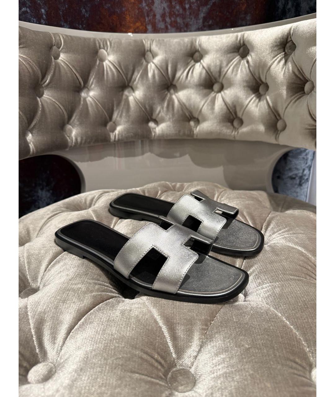 HERMES Серебряные кожаные шлепанцы, фото 5