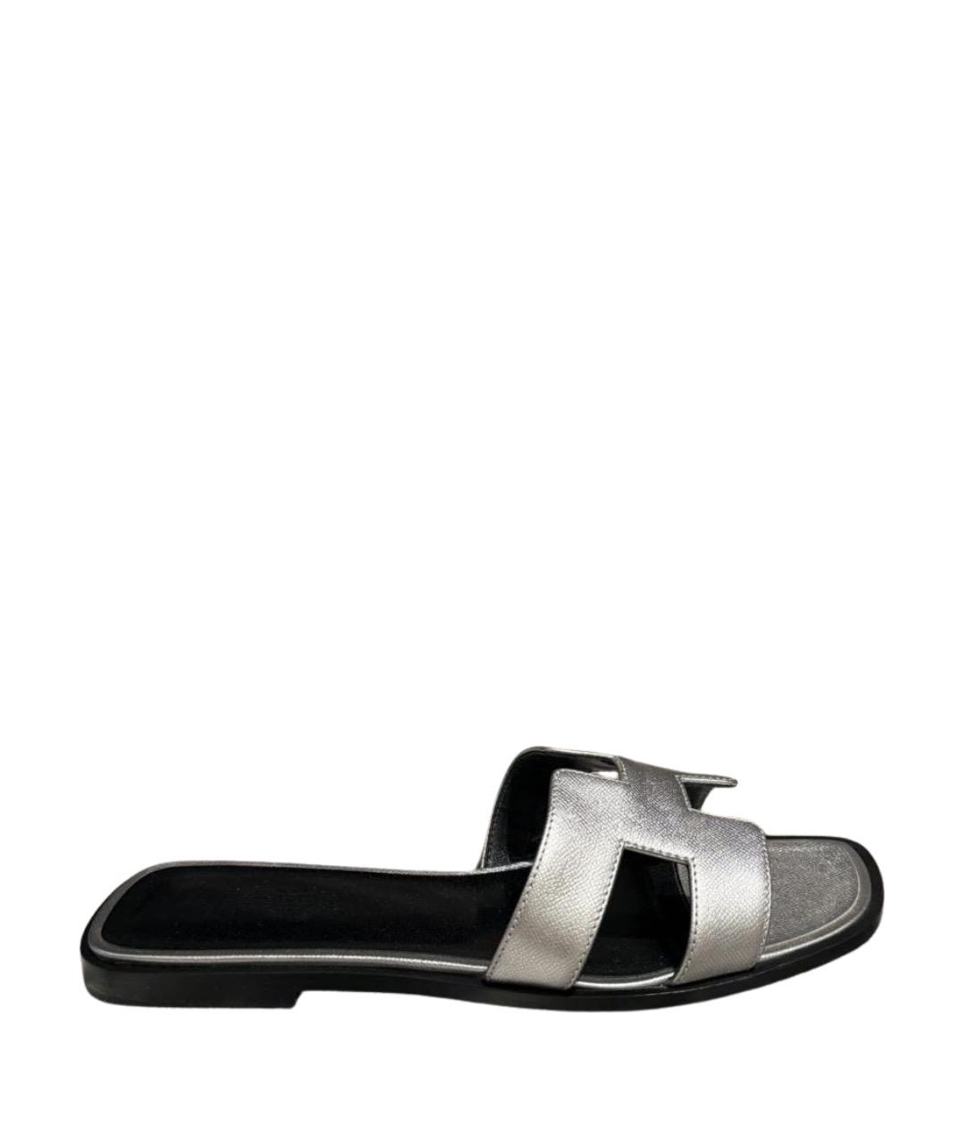HERMES Серебряные кожаные шлепанцы, фото 1