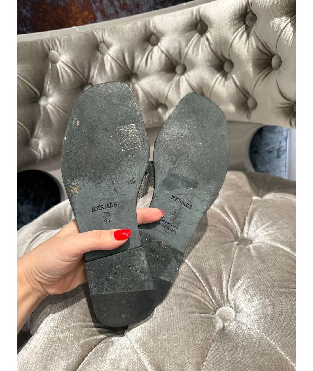 HERMES Серебряные кожаные шлепанцы, фото 8