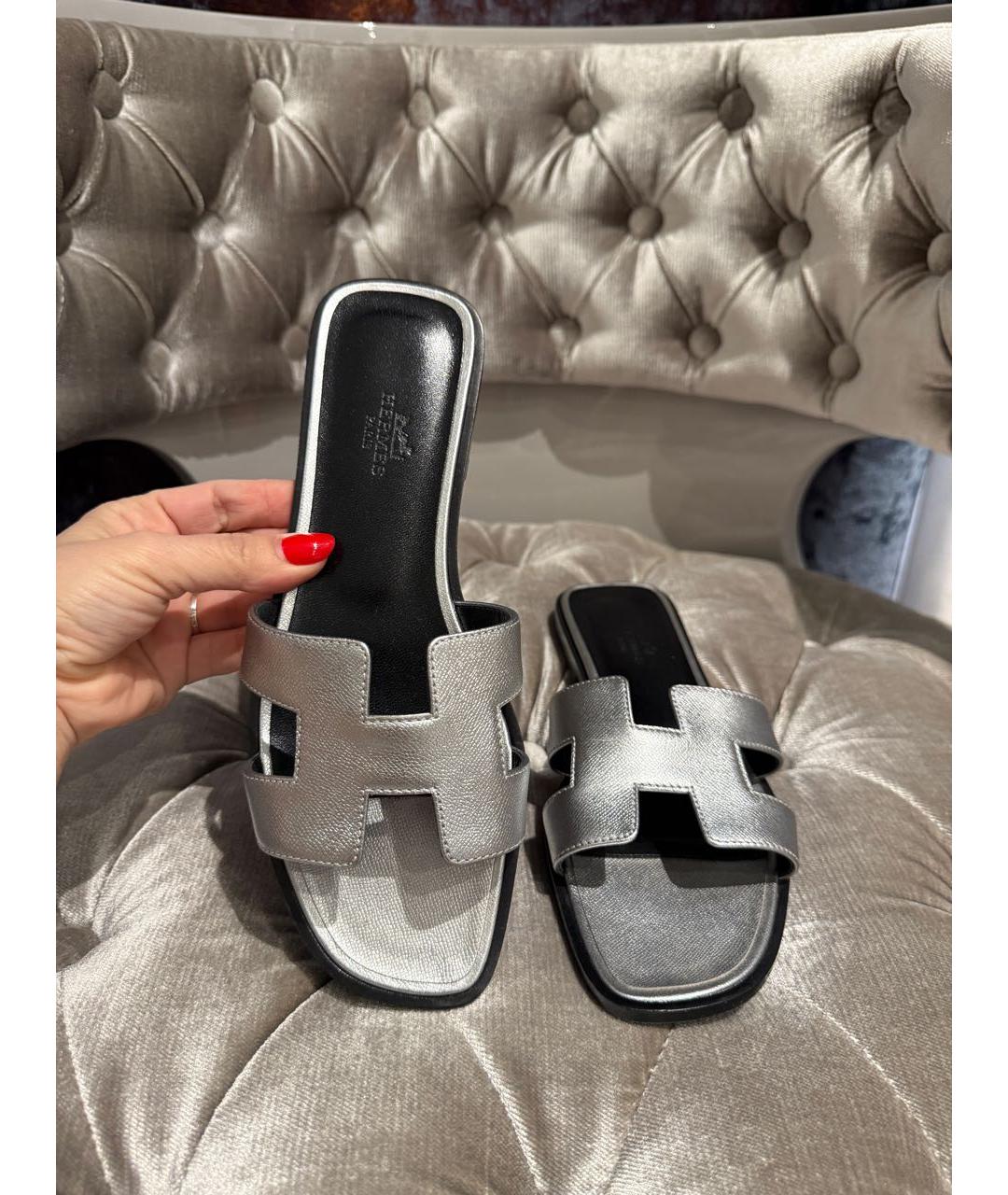 HERMES Серебряные кожаные шлепанцы, фото 7