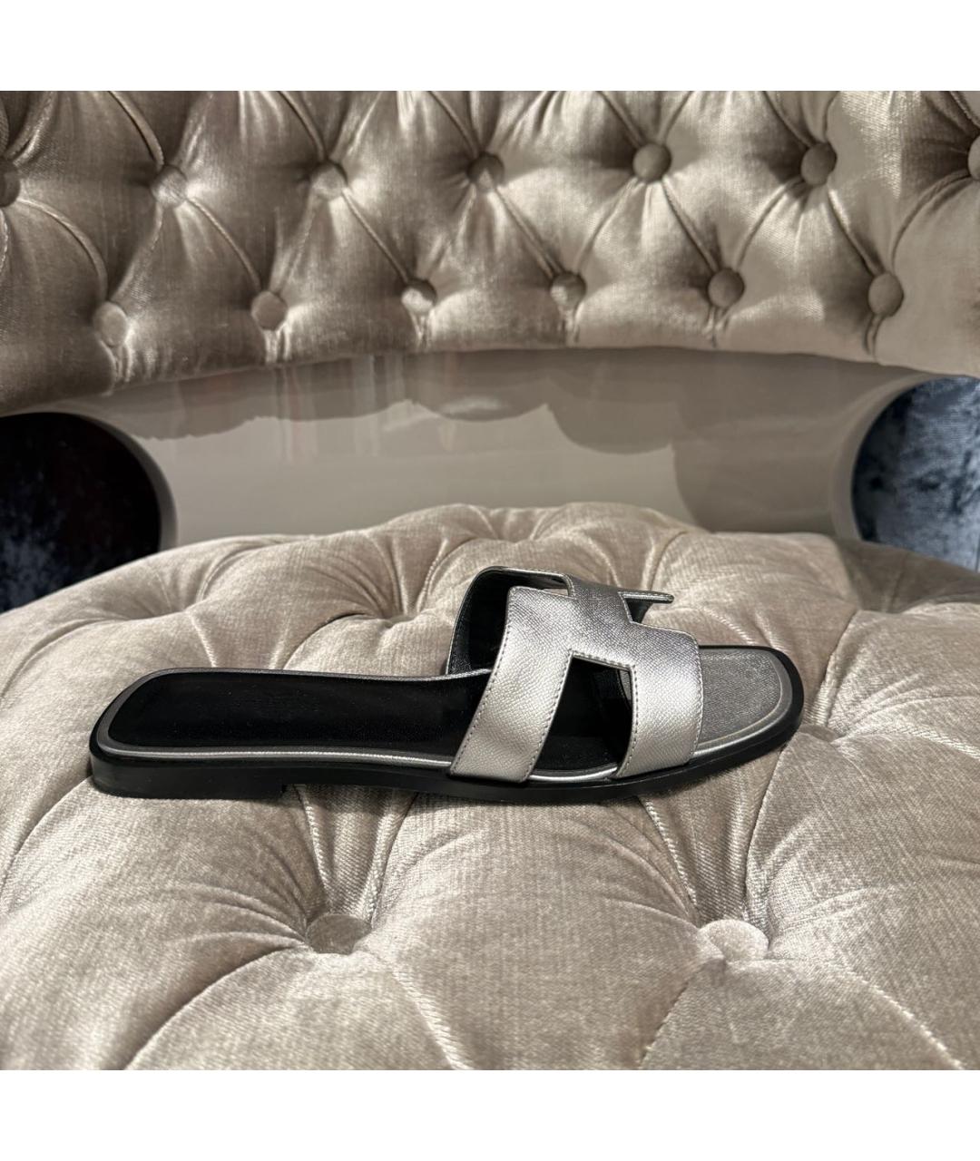 HERMES Серебряные кожаные шлепанцы, фото 9