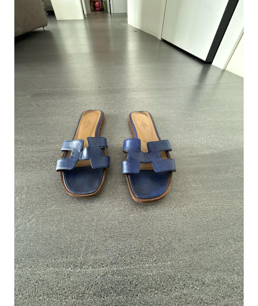 HERMES Синие кожаные сандалии, фото 2