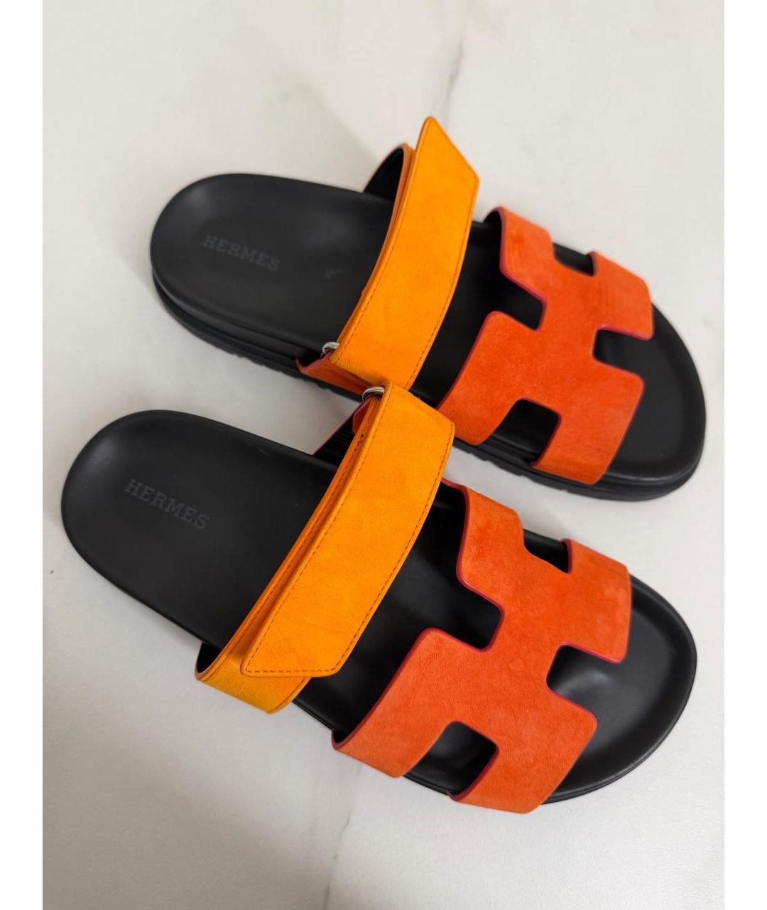 HERMES Оранжевое замшевые шлепанцы, фото 3