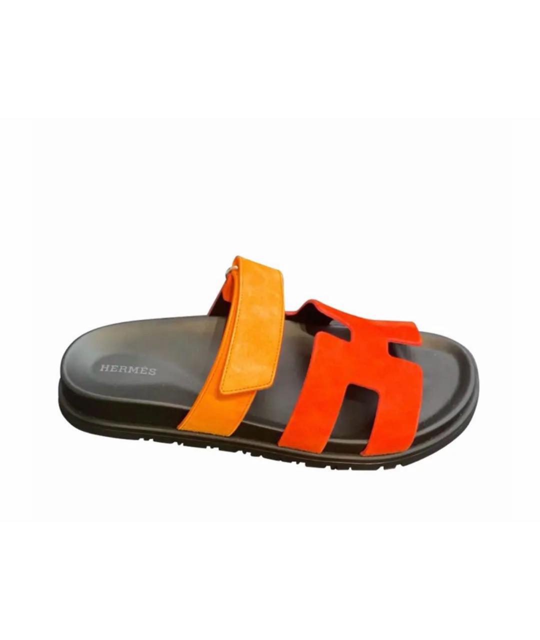 HERMES Оранжевое замшевые шлепанцы, фото 6