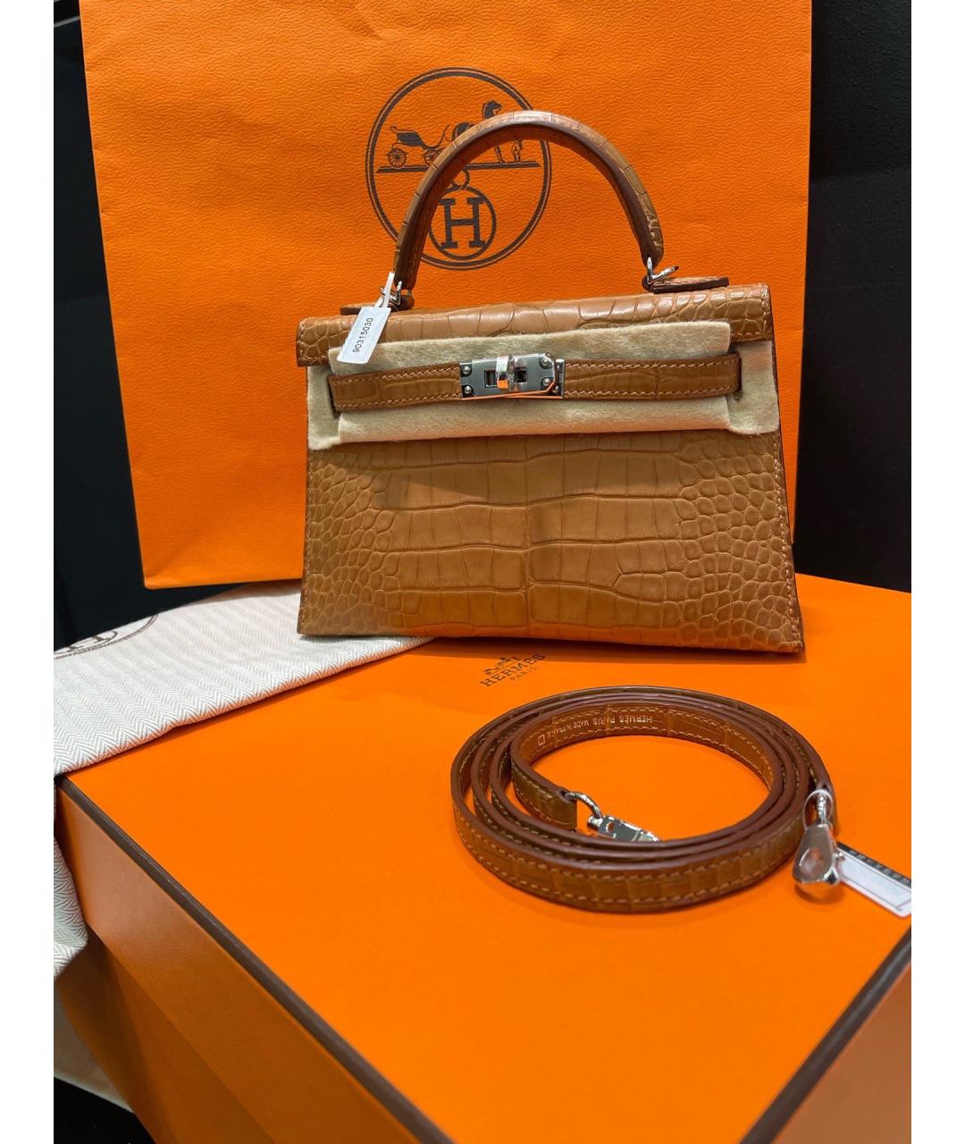 HERMES Коричневая сумка с короткими ручками из экзотической кожи, фото 9