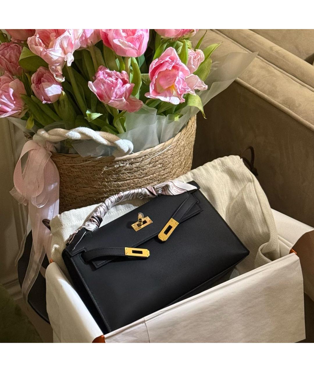 HERMES Черная кожаная сумка с короткими ручками, фото 5