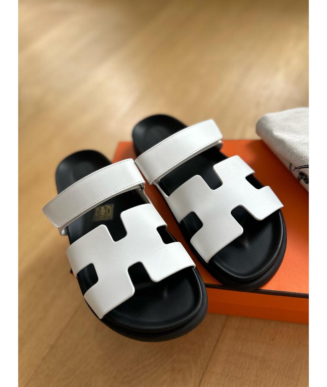 HERMES Белые кожаные шлепанцы, фото 5