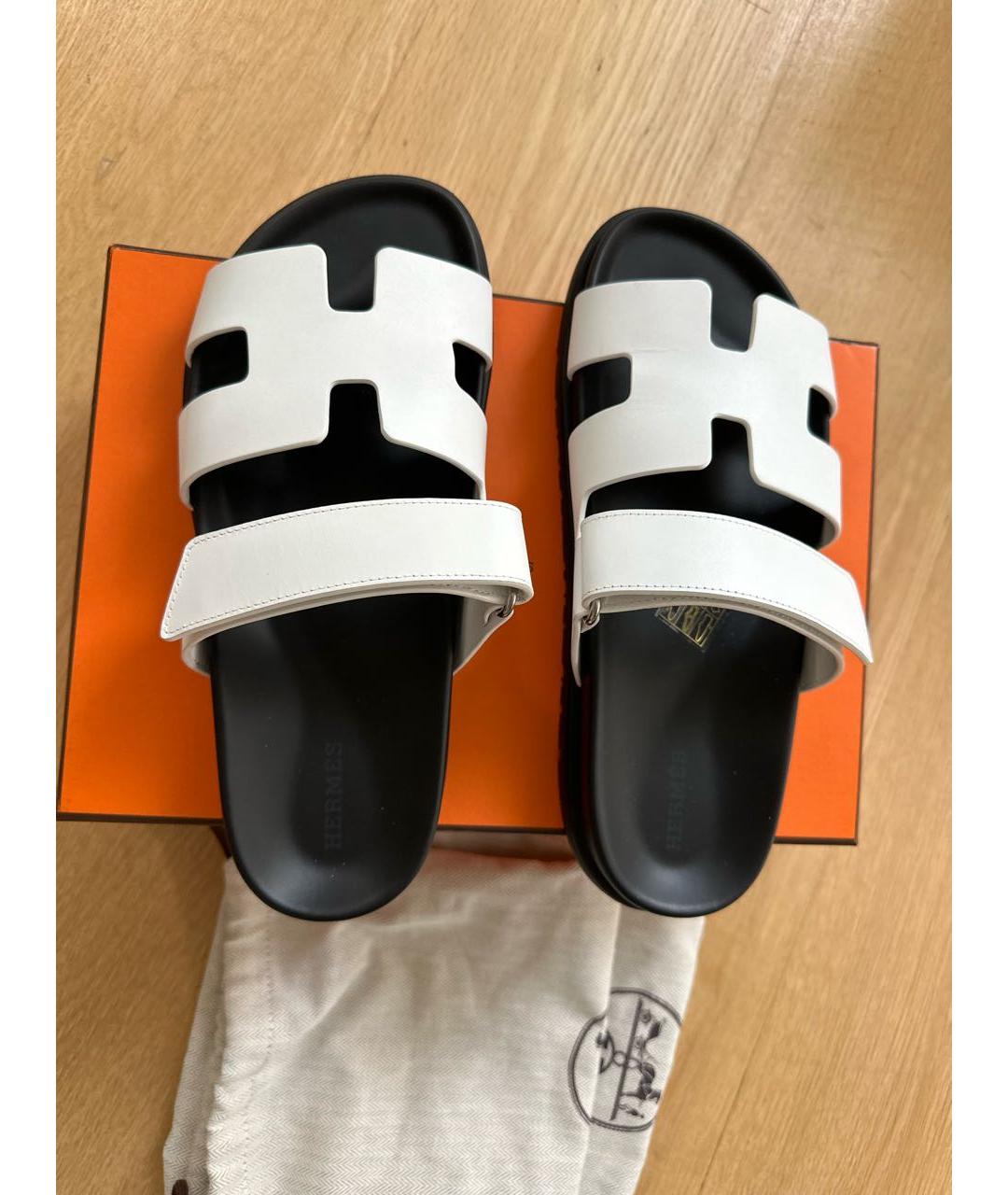 HERMES Белые кожаные шлепанцы, фото 2