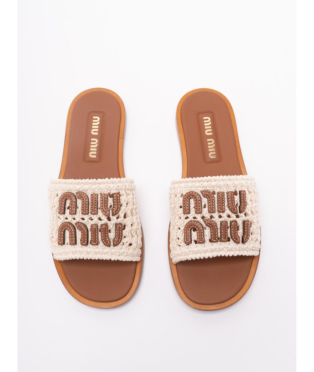 MIU MIU Бежевые текстильные шлепанцы, фото 5