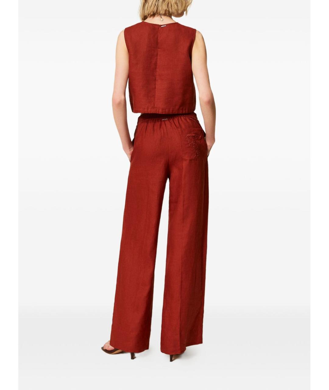 TWIN-SET Коричневые льняные прямые брюки, фото 4
