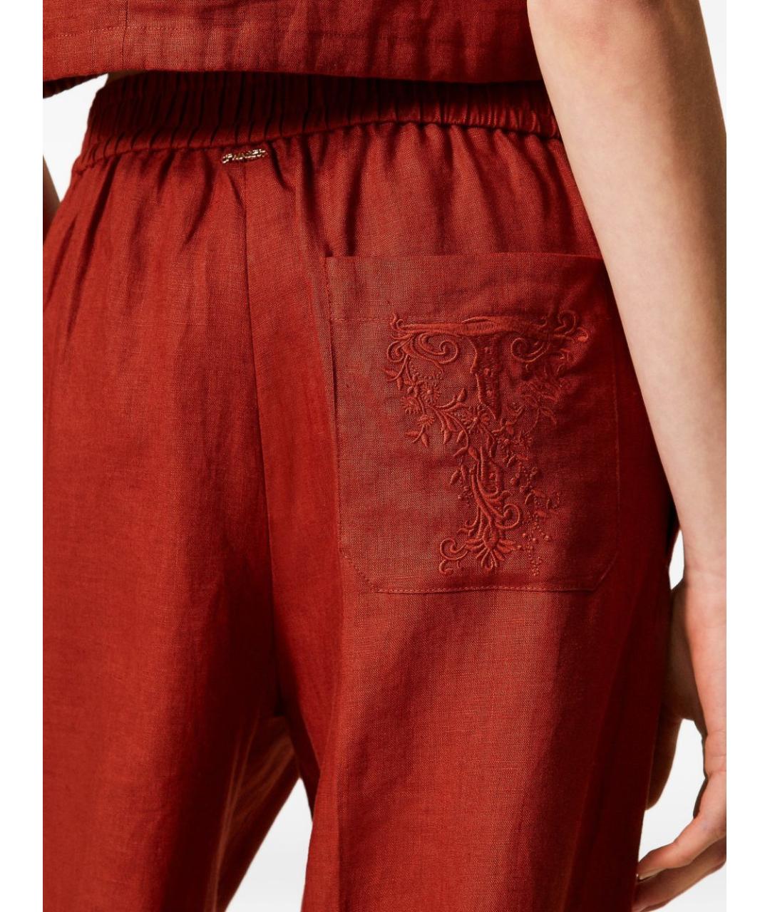 TWIN-SET Коричневые льняные прямые брюки, фото 3