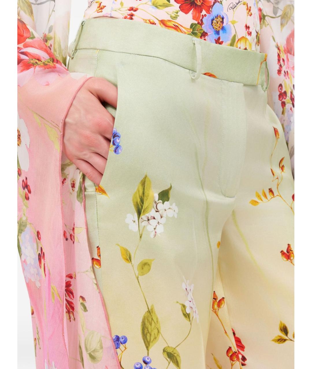 ROBERTO CAVALLI Зеленые шелковые прямые брюки, фото 4