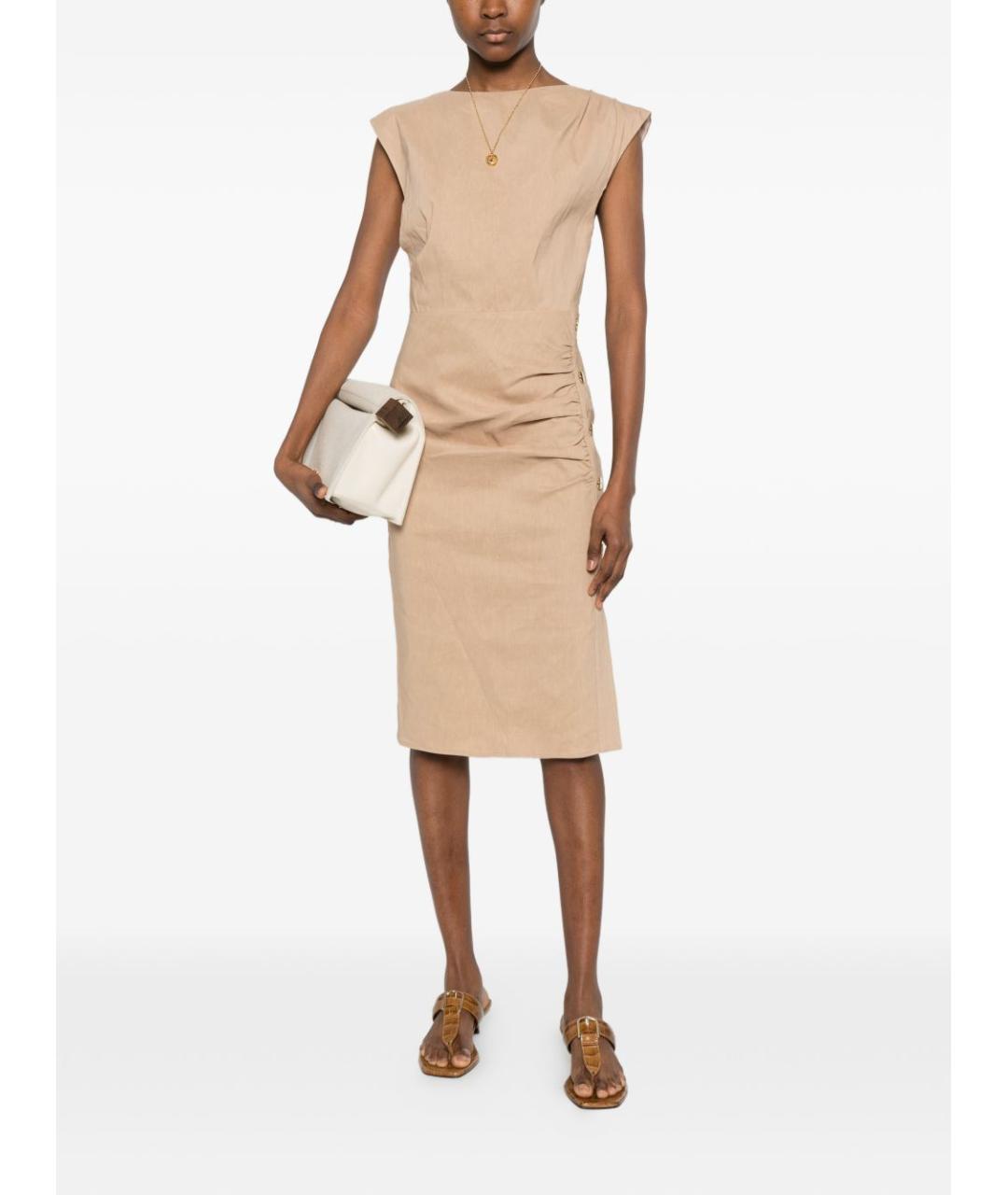 PINKO Бежевое льняное повседневное платье, фото 5