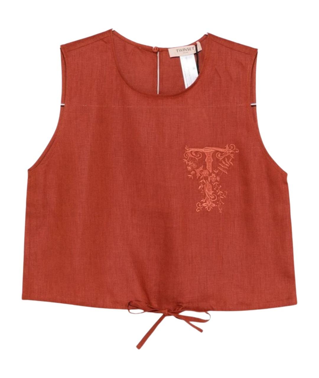 TWIN-SET Коричневая льняная майка, фото 1