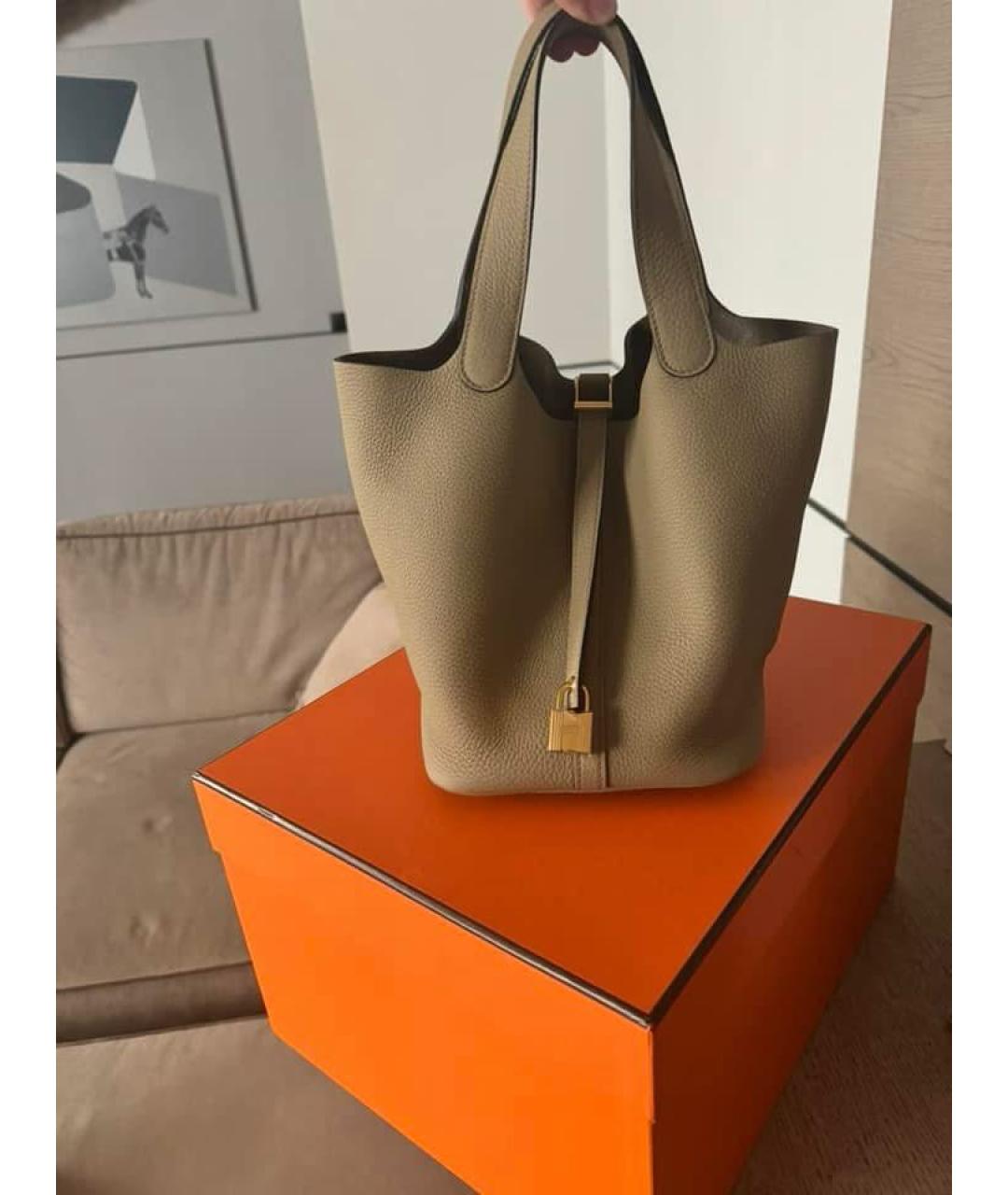 HERMES Бежевая кожаная сумка с короткими ручками, фото 8