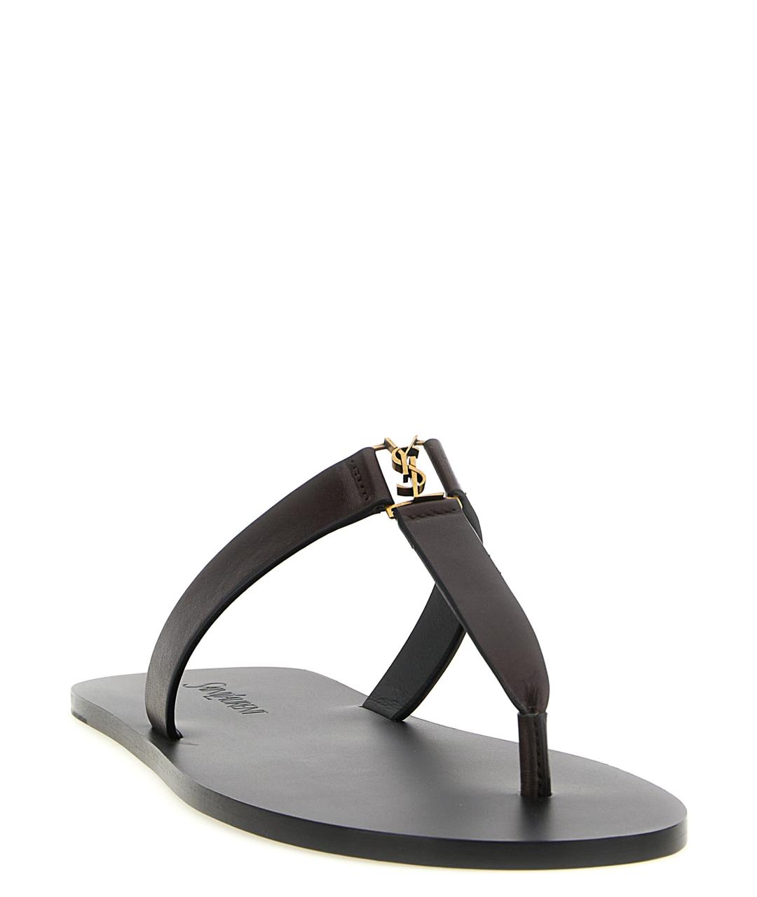 SAINT LAURENT Коричневые кожаные шлепанцы, фото 2