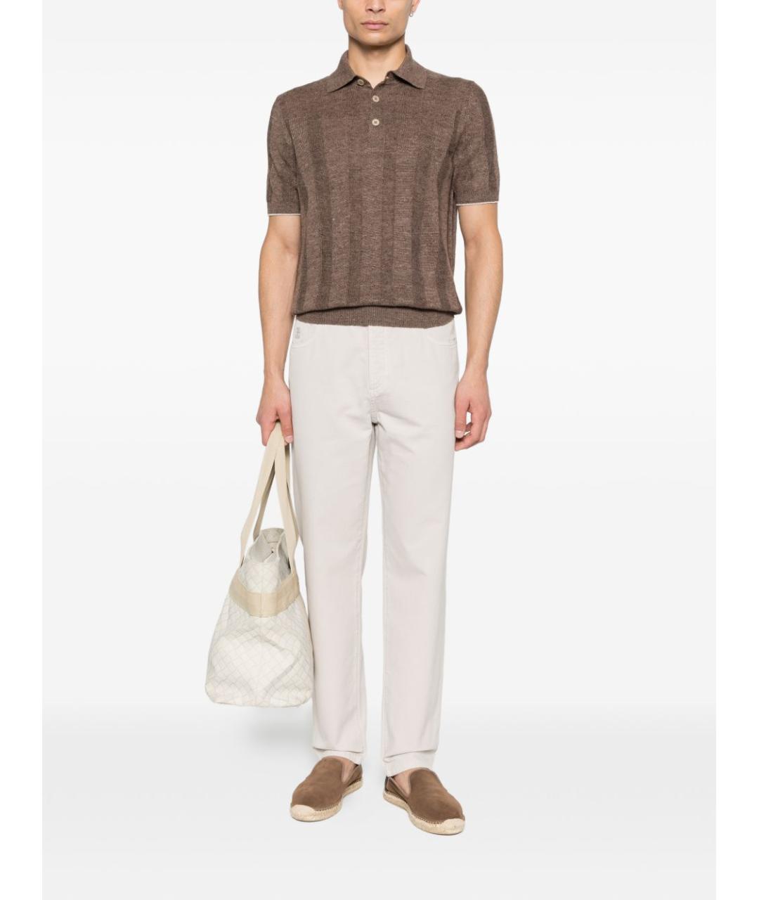 BRUNELLO CUCINELLI Коричневое хлопко-леновое поло с коротким рукавом, фото 5