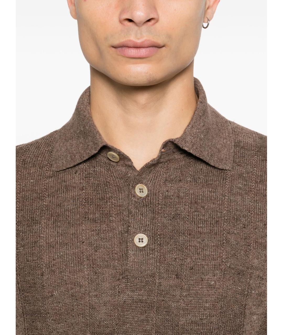BRUNELLO CUCINELLI Коричневое хлопко-леновое поло с коротким рукавом, фото 2