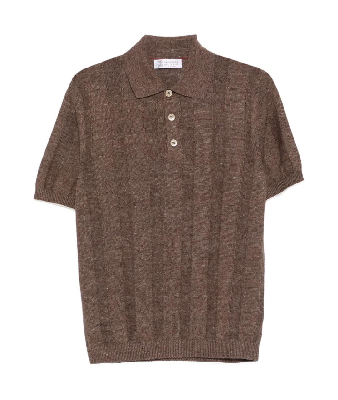 BRUNELLO CUCINELLI Коричневое хлопко-леновое поло с коротким рукавом, фото 1