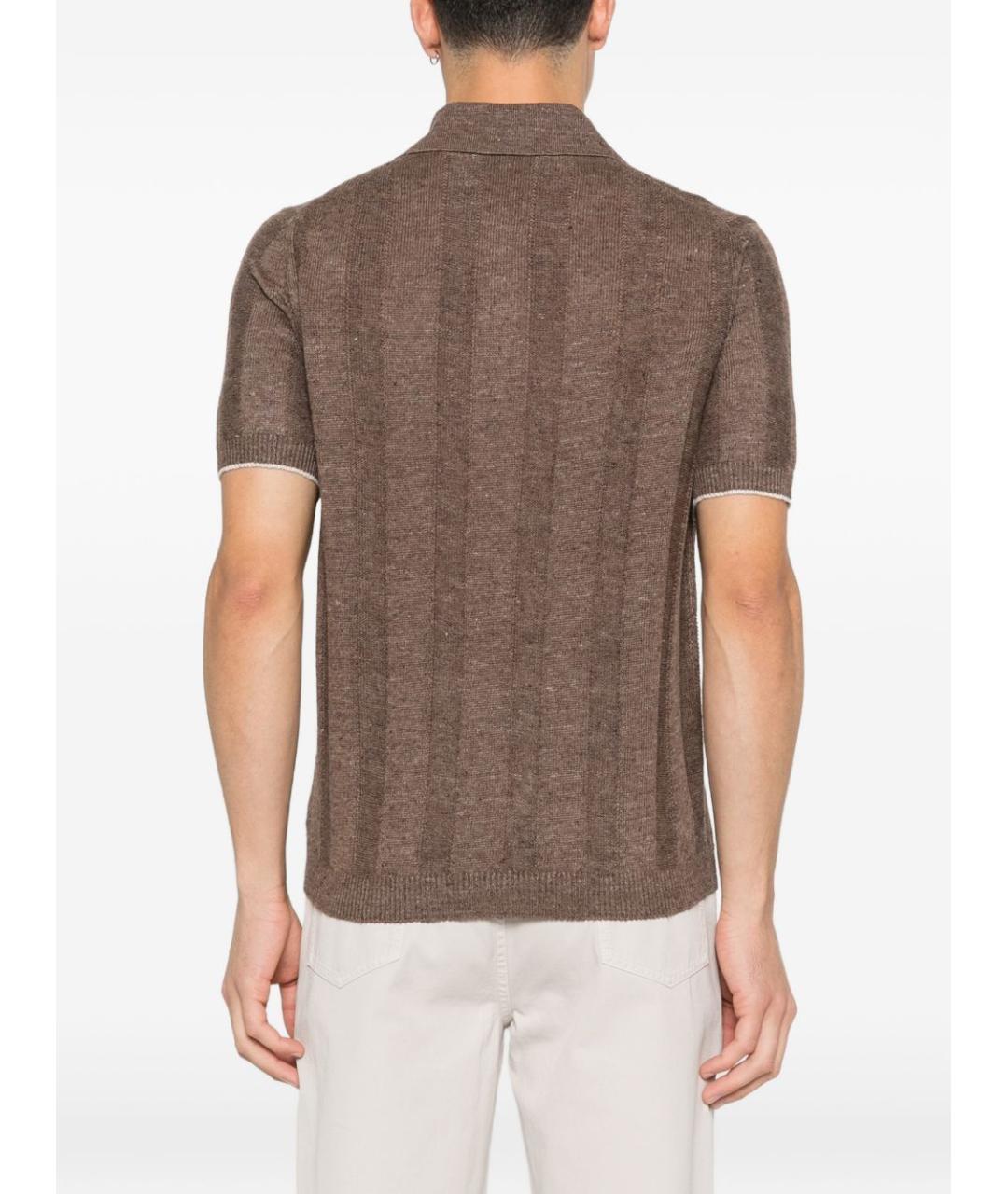 BRUNELLO CUCINELLI Коричневое хлопко-леновое поло с коротким рукавом, фото 3