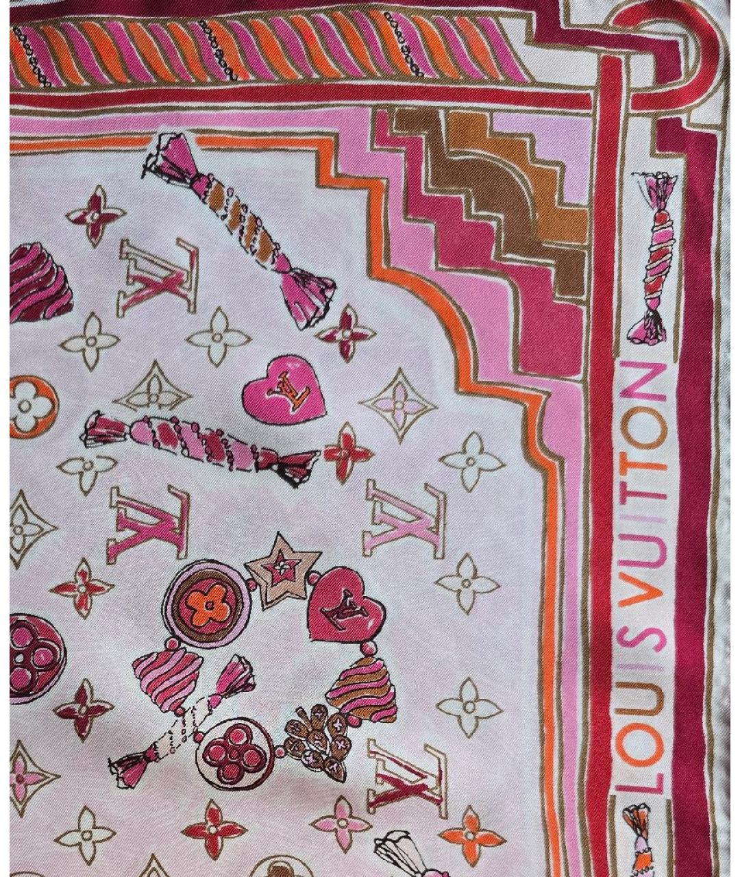 LOUIS VUITTON Розовый шелковый шарф, фото 3