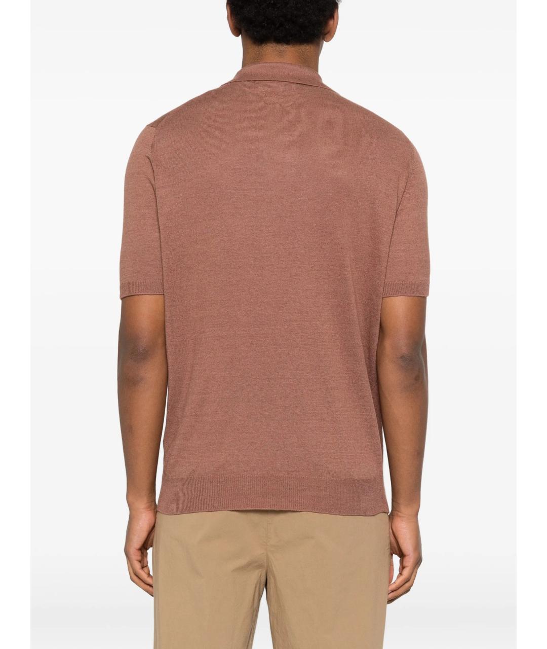 LARDINI Коричневое хлопко-леновое поло с коротким рукавом, фото 4