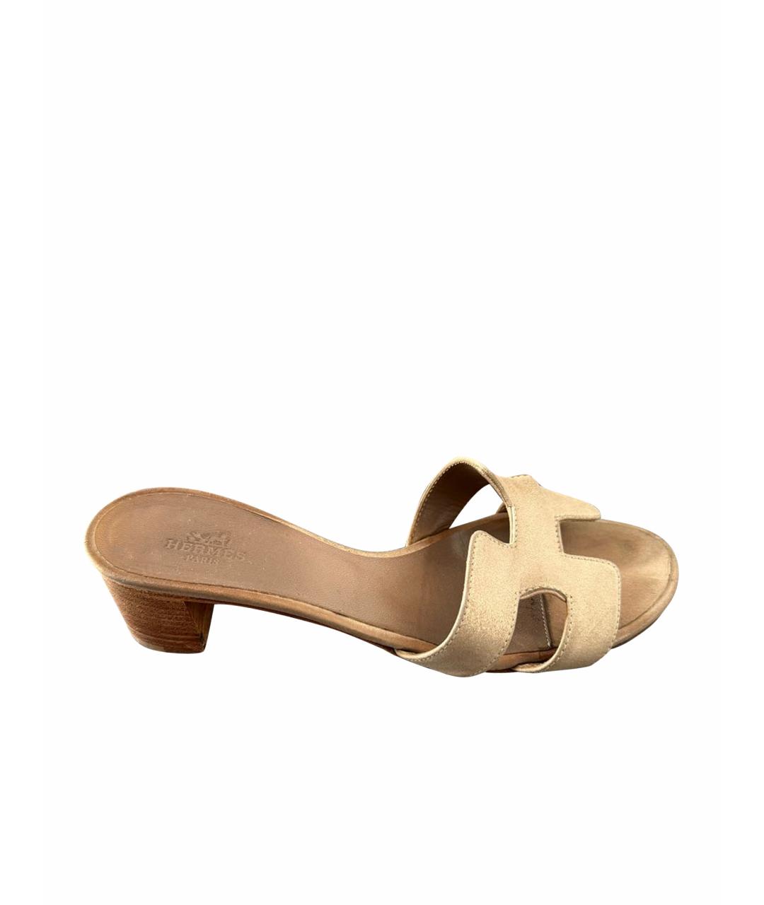 HERMES Бежевые кожаные шлепанцы, фото 1