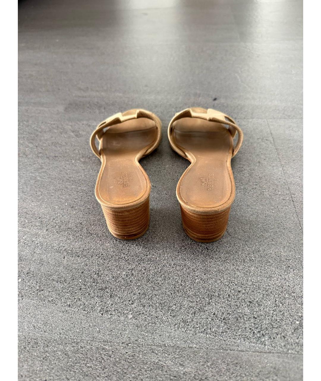 HERMES Бежевые кожаные шлепанцы, фото 3