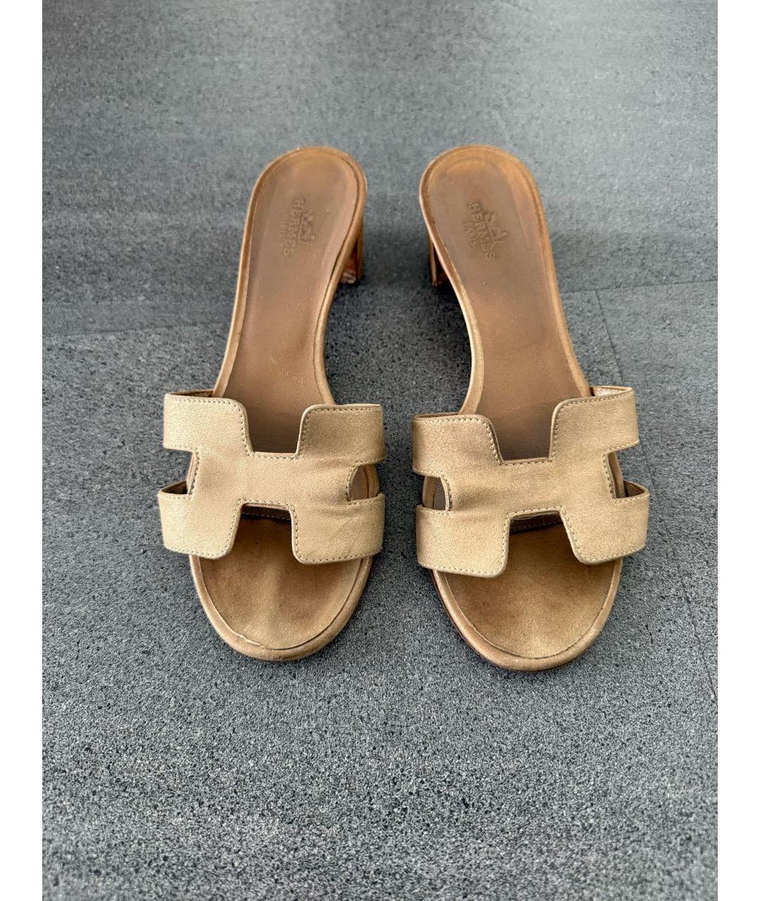 HERMES Бежевые кожаные шлепанцы, фото 2