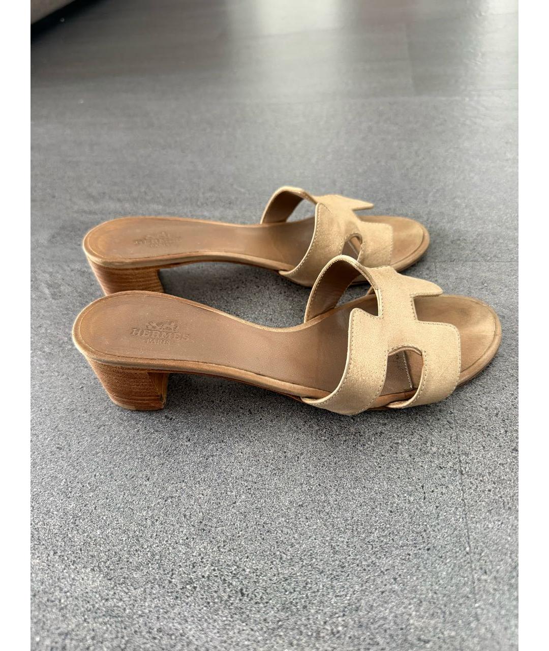 HERMES Бежевые кожаные шлепанцы, фото 5
