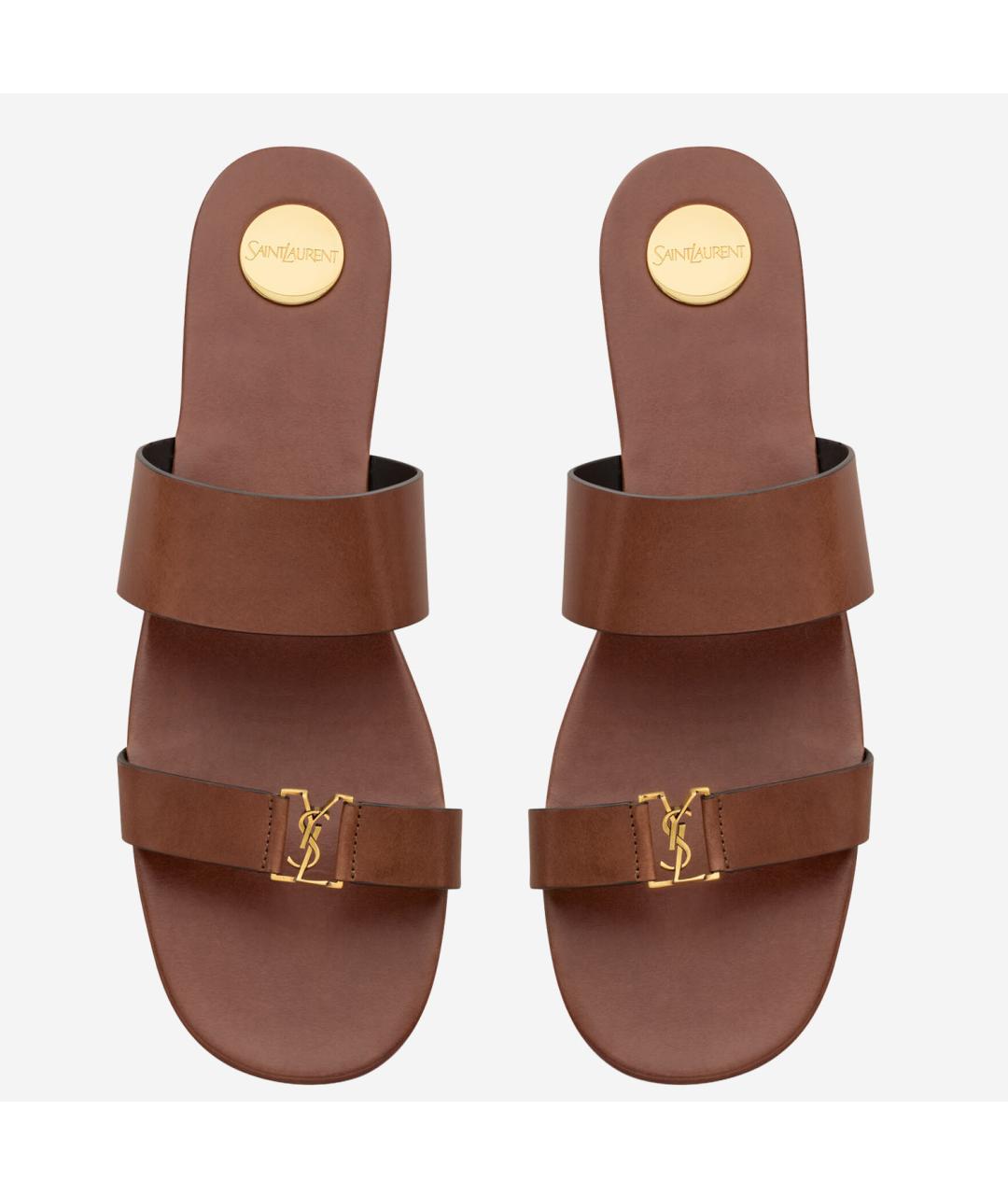 SAINT LAURENT Коричневые кожаные шлепанцы, фото 2