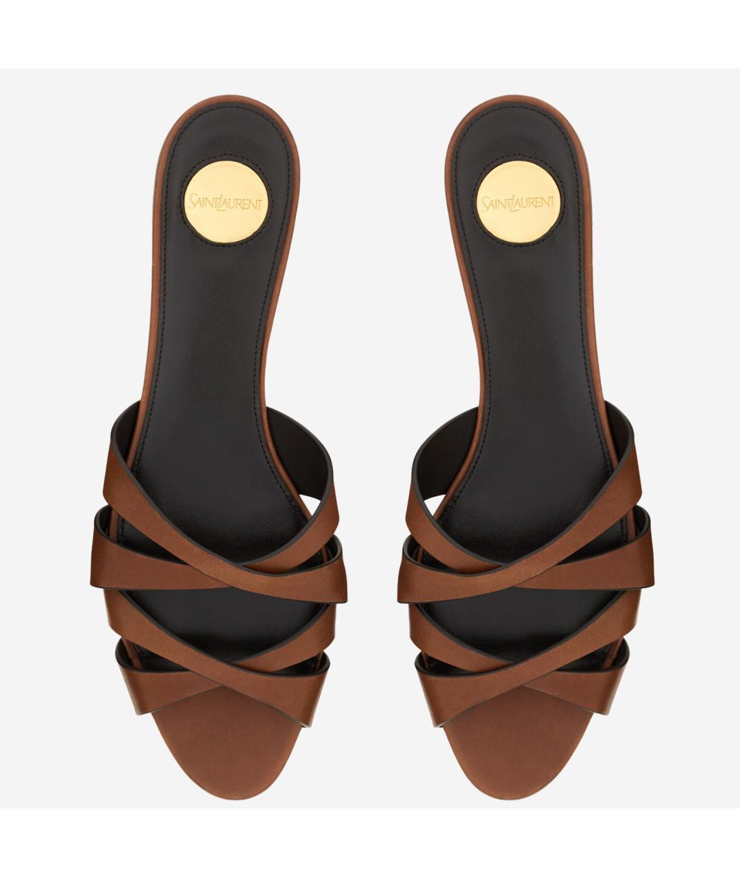 SAINT LAURENT Коричневые кожаные шлепанцы, фото 2