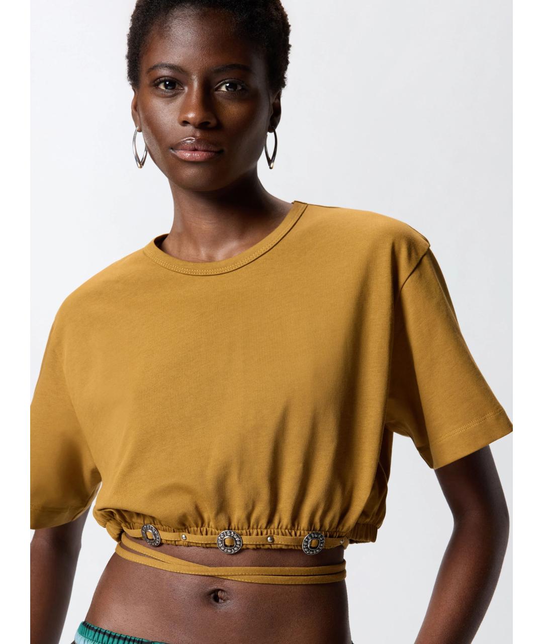 PINKO Горчичная хлопковая футболка, фото 5