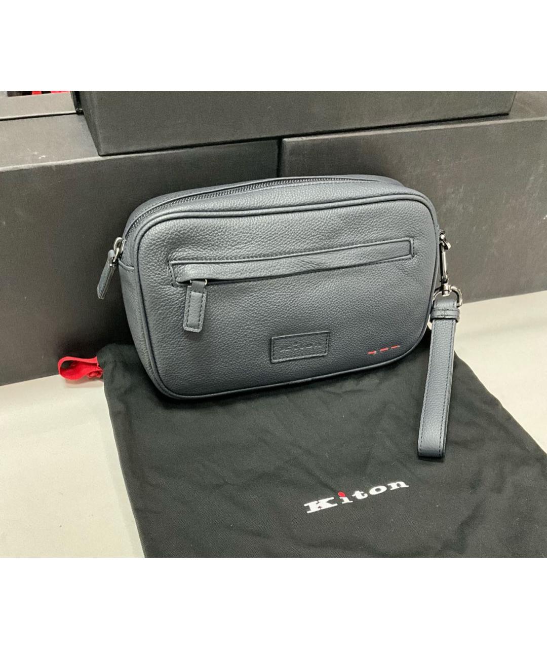 KITON Темно-синяя кожаная барсетка, фото 2