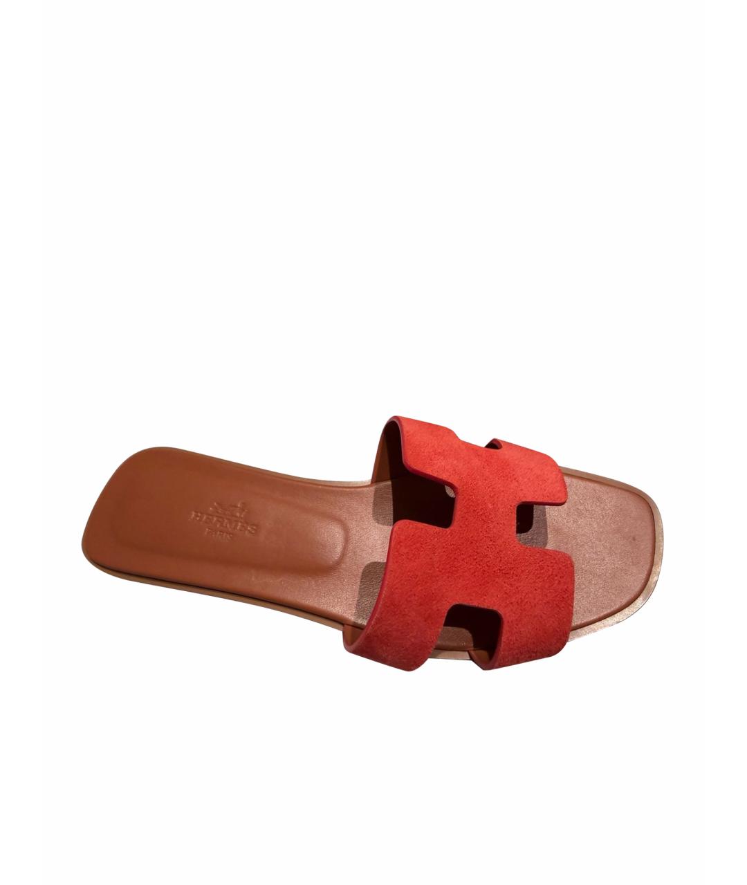 HERMES Коралловые бархатные шлепанцы, фото 1