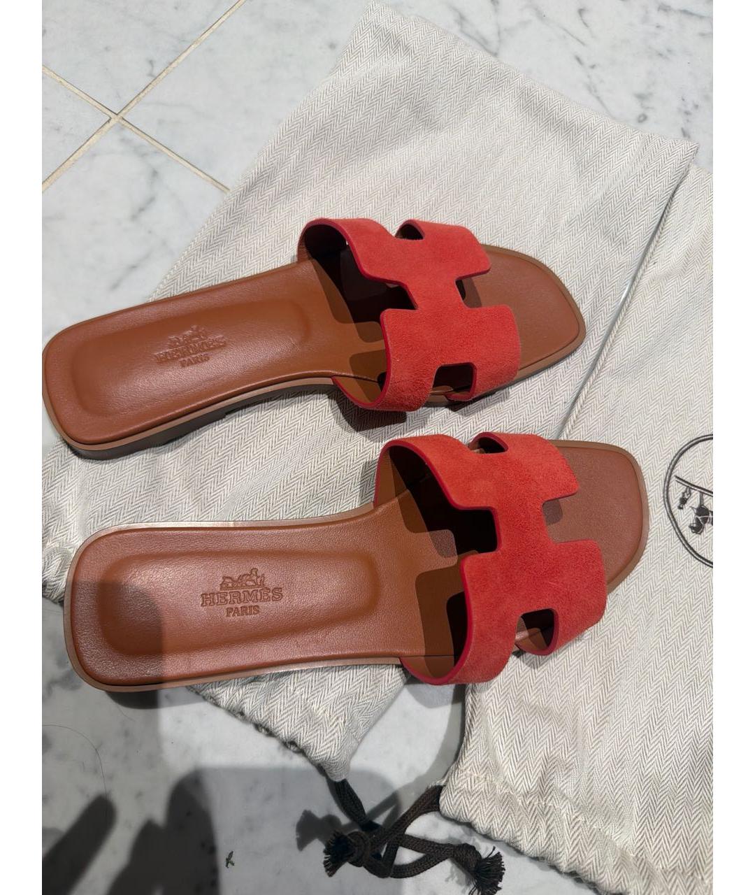 HERMES Коралловые бархатные шлепанцы, фото 2