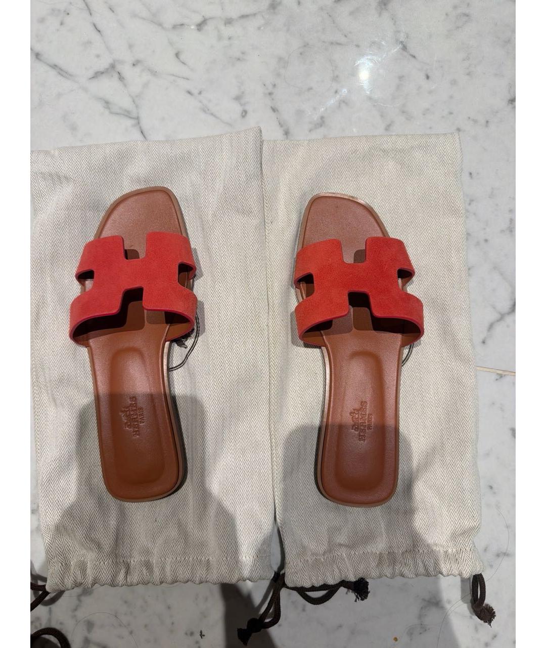 HERMES Коралловые бархатные шлепанцы, фото 3