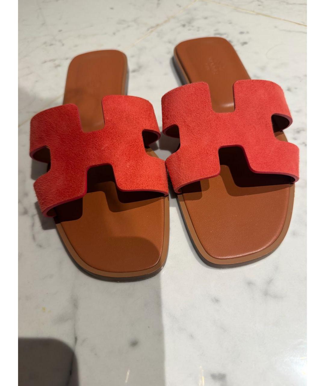 HERMES Коралловые бархатные шлепанцы, фото 4