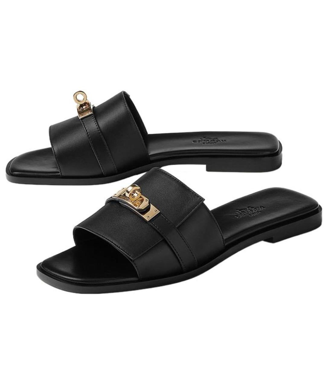 HERMES Черные кожаные шлепанцы, фото 3