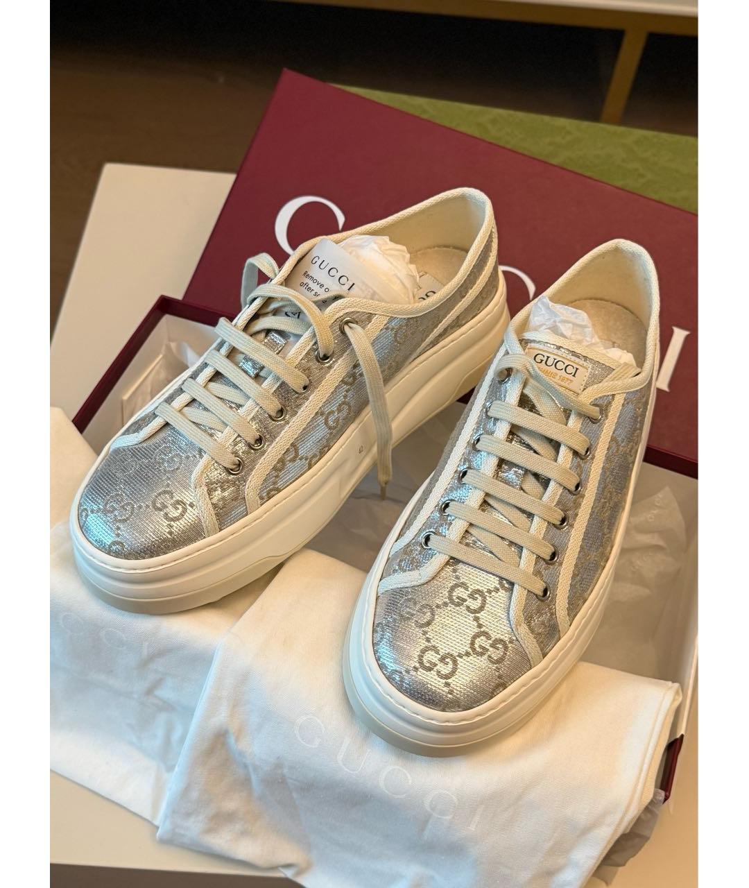GUCCI Серебряные кожаные кроссовки, фото 3