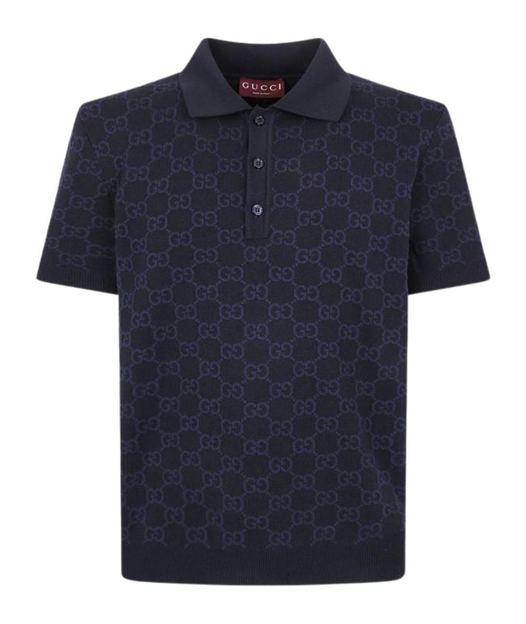GUCCI Темно-синее хлопковое поло с коротким рукавом, фото 1