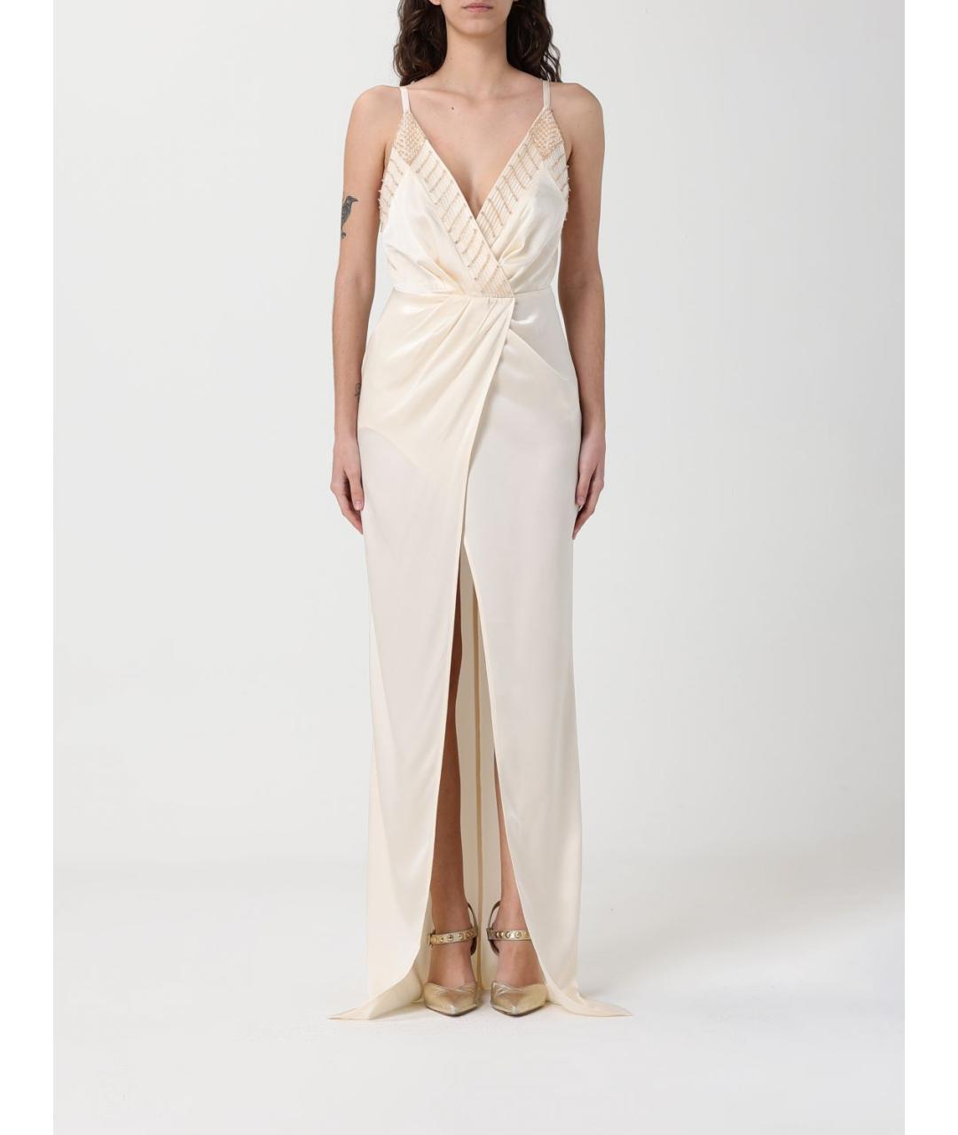 ELISABETTA FRANCHI Бежевое ацетатное вечернее платье, фото 4